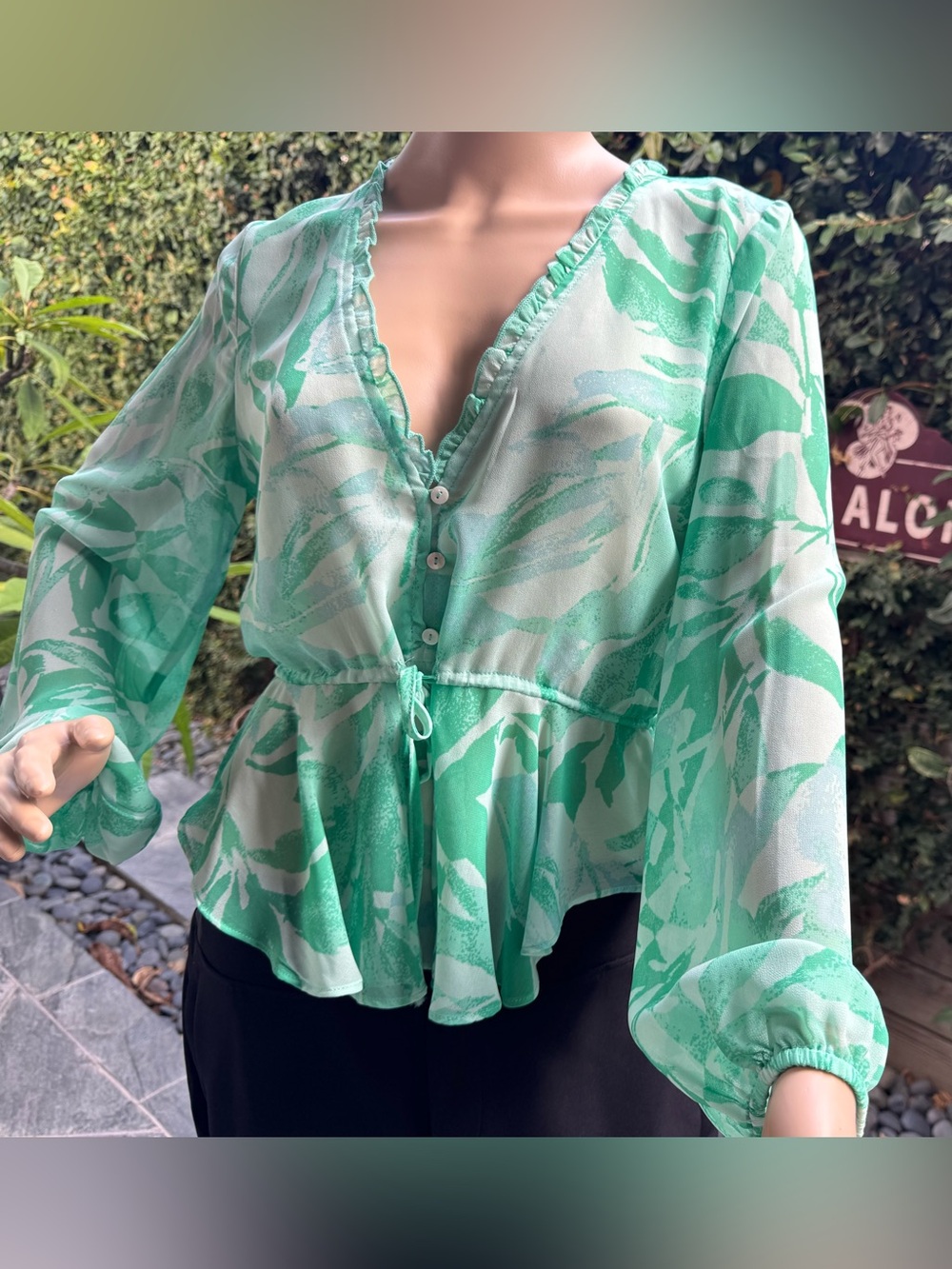 Olivaceous Mint Green Printed Ruffle Tie-Front Blouse